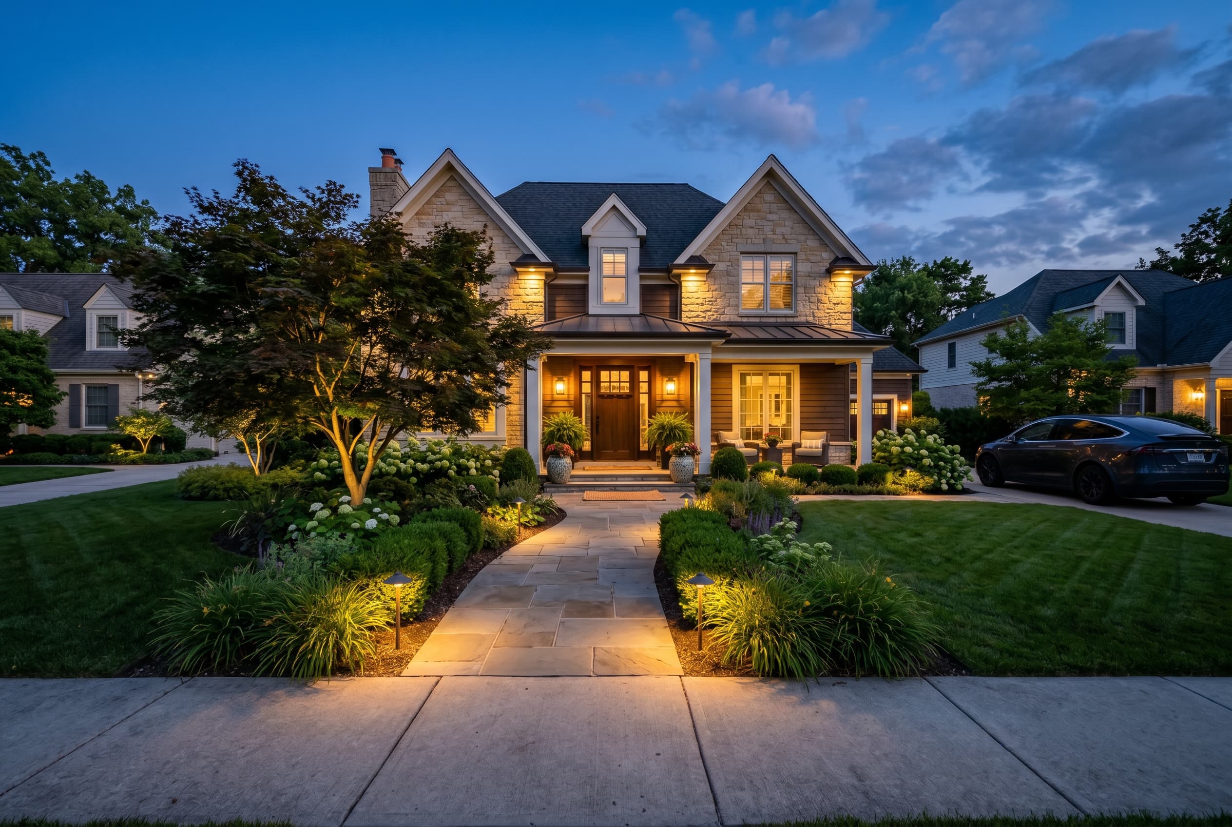Warm residential landscape lighting at dusk