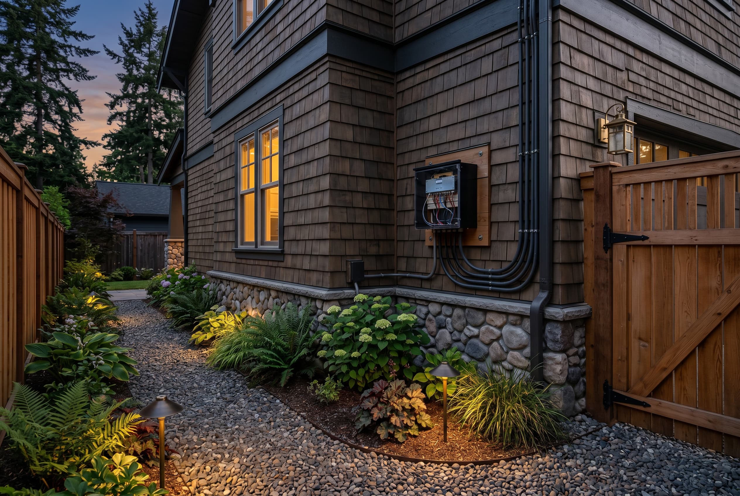 Low-voltage landscape lighting transformer mounted outside a home